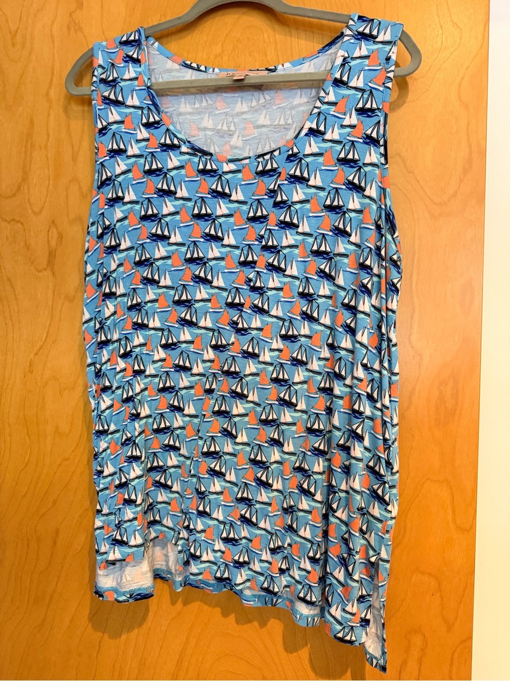 Philosophy Blue Sailboat Print Tank Top with Coral Orange Accents ⛵️